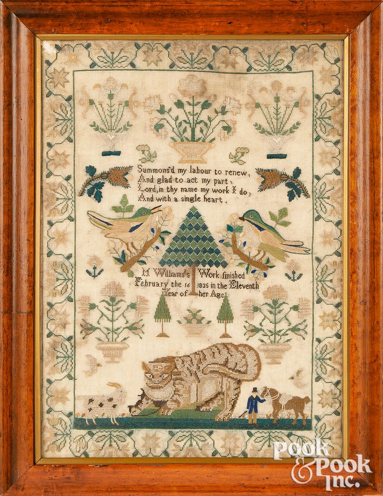 Appraisal: English silk on linen sampler dated with cat English silk