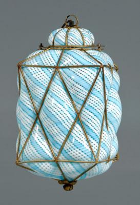 Appraisal: Latticino hanging light fixture quilted blue and white latticino glass