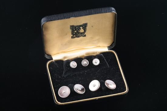 Appraisal: GOLD-FILLED MOTHER OF PEARL CUFFLINKS AND STUD SET Round disks