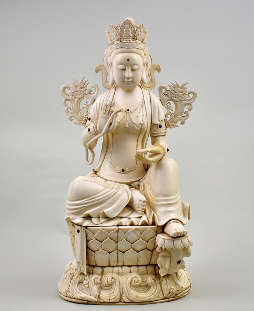 Appraisal: FINE CHINESE JEWEL MOUNTED IVORY SEATED QUANYINFINE CHINESE JEWEL MOUNTED