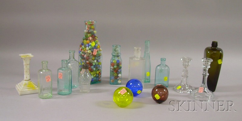 Appraisal: Ten Assorted Glass Bottles Approximately Glass Marbles Three Colored Blown