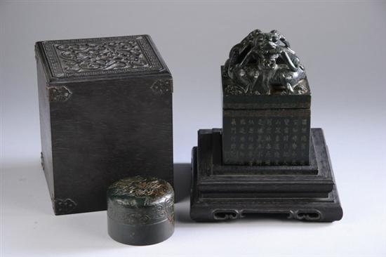 Appraisal: CHINESE SPINACH JADE TRIPLE DRAGON SEAL Maker's seal mark Calligraphy