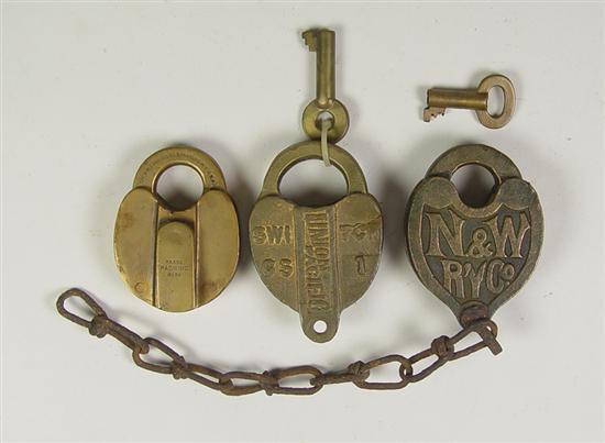 Appraisal: Three Brass Railroad Switch Locks Circa One marked N W