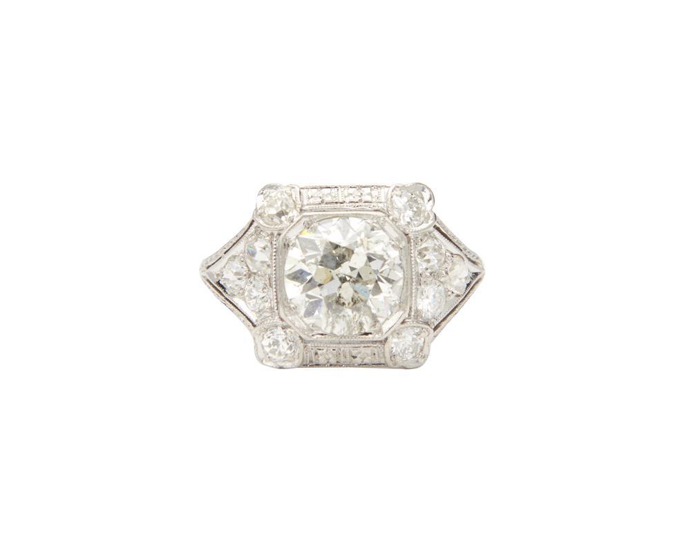 Appraisal: Platinum and Diamond Ring centering a transitional-cut diamond weighing approx