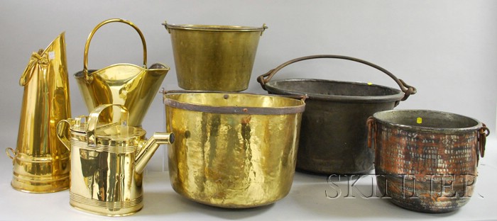 Appraisal: Seven Assorted Brass and Iron Hearth and Kitchen Items a