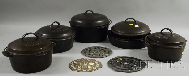 Appraisal: Eight Pieces of Cast Iron Cookware four flat-bottom Dutch ovens