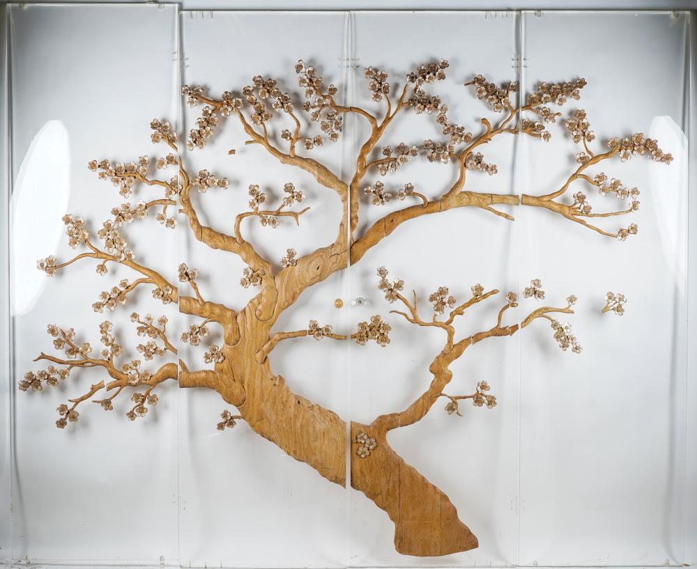 Appraisal: WOOD ACRYLIC FOUR-PANEL SCREENdepicting a cherry tree in bloom Condition