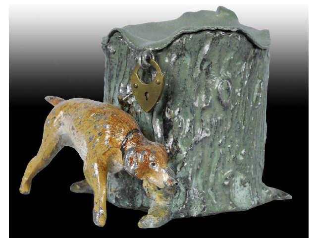 Appraisal: German Lead Dog Tree Stump Still Bank Description Original lock