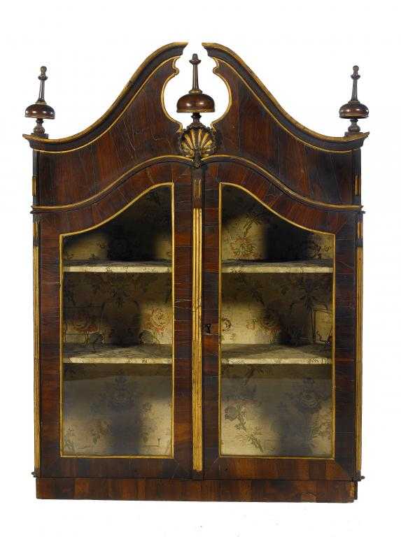 Appraisal: A GERMAN PARCEL GILT ROSEWOOD CABINET with swan neck pediment