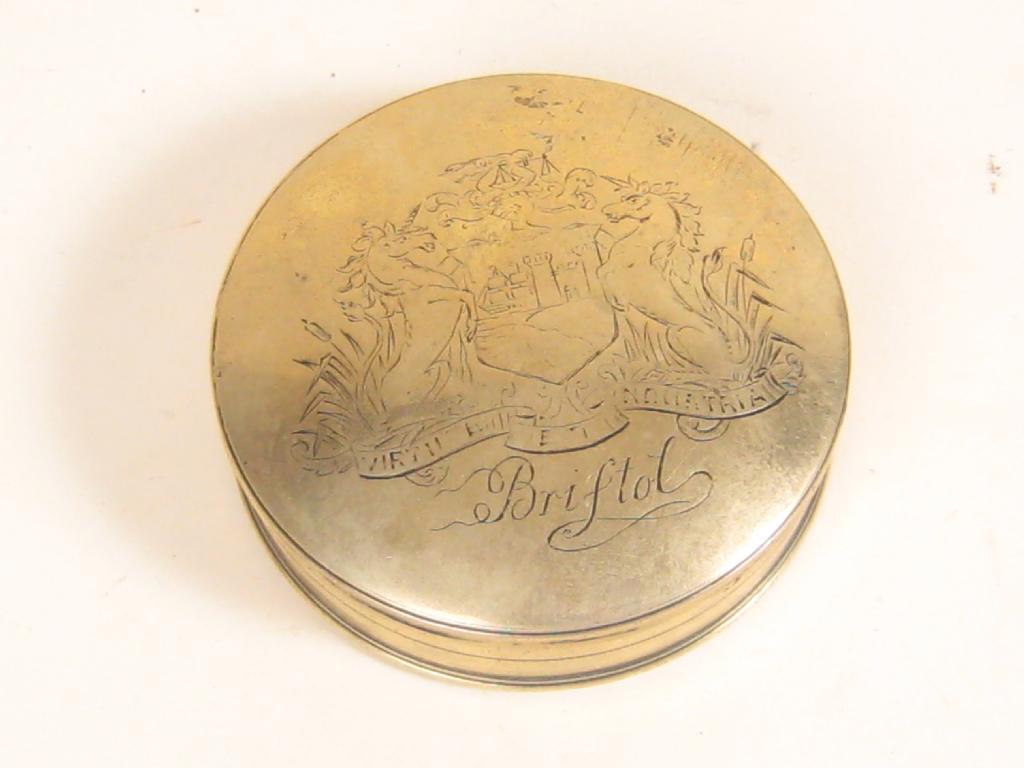 Appraisal: An early brass Freedom Box of cylindrical form the cover