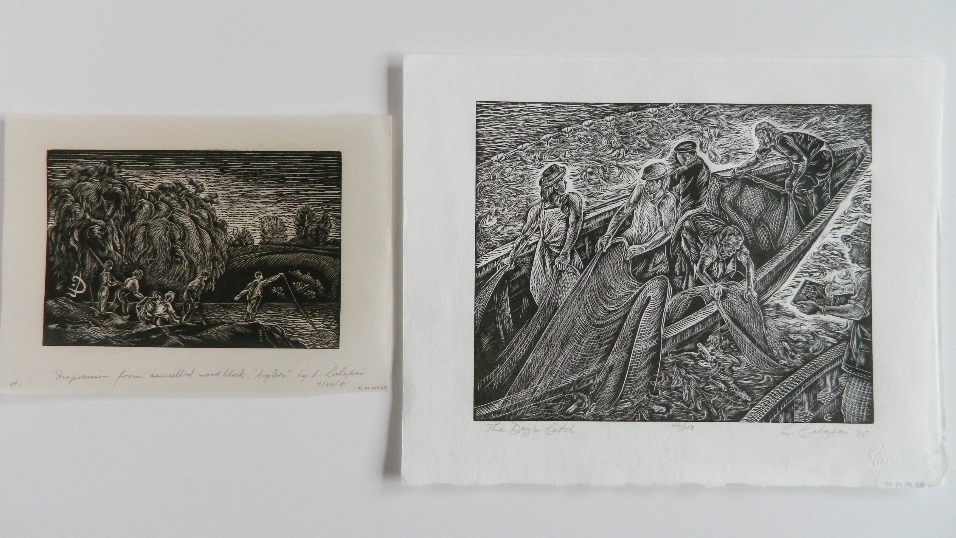 Appraisal: Letterio Calapai - ''Anglers'' ''The Day's Catch'' wood engravings 'Angler'-