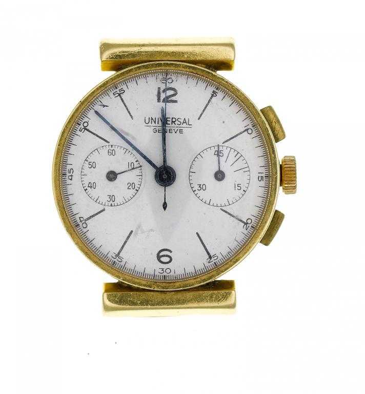 Appraisal: A UNIVERSAL CT GOLD CHRONOGRAPH WRISTWATCH with twin subsidiary dials