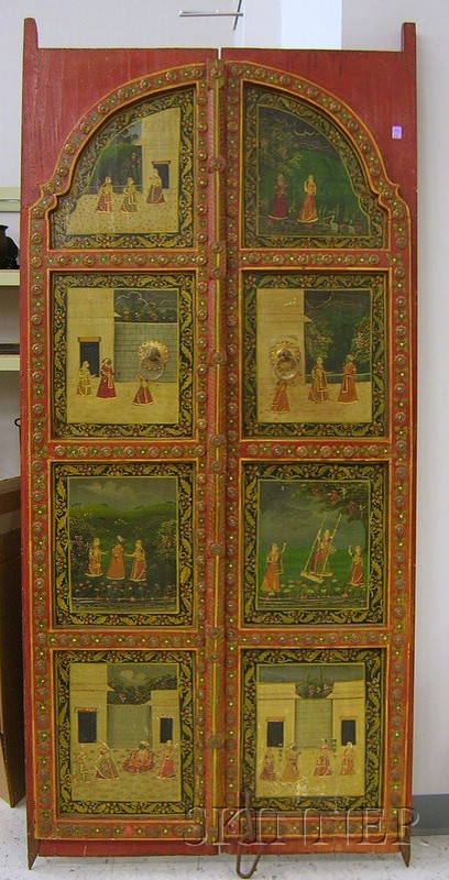 Appraisal: Indian Polychrome Paint Decorated and Brass-mounted Wooden Architectural Double Door