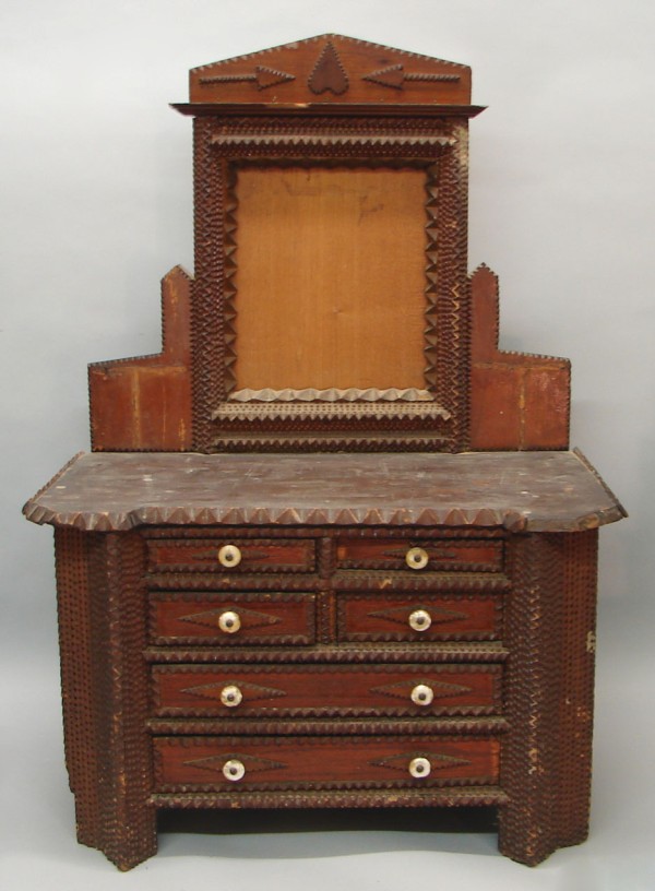 Appraisal: Tramp art dresser with heart motif x x missing mirror