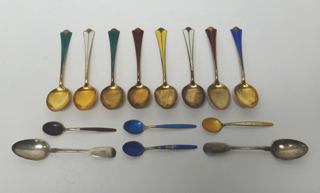 Appraisal: Eight Norwegian Sterling gilt and vary coloured enameled large teaspoons