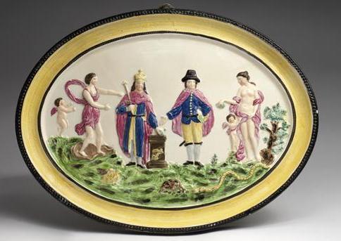 Appraisal: RARE STAFFORDSHIRE PEARLWARE CHARLES I AND OLIVER CROMWELL PLAQUE -