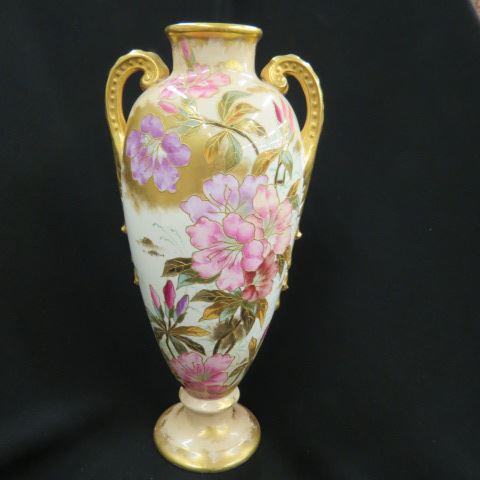 Appraisal: Royal Bonn Handpainted Porcelain Vase elaborate floral raised goldwork handles