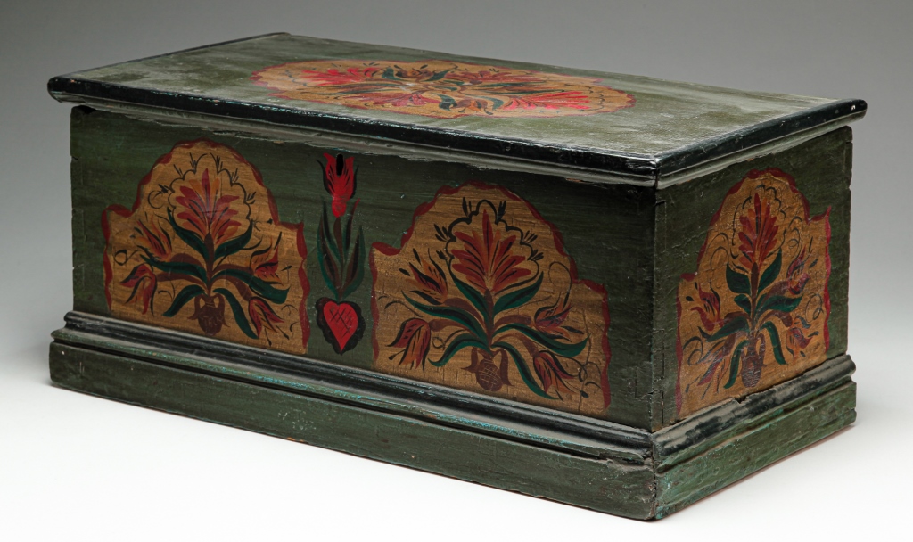 Appraisal: AMERICAN DECORATED MINIATURE BLANKET CHEST Mid th century pine and