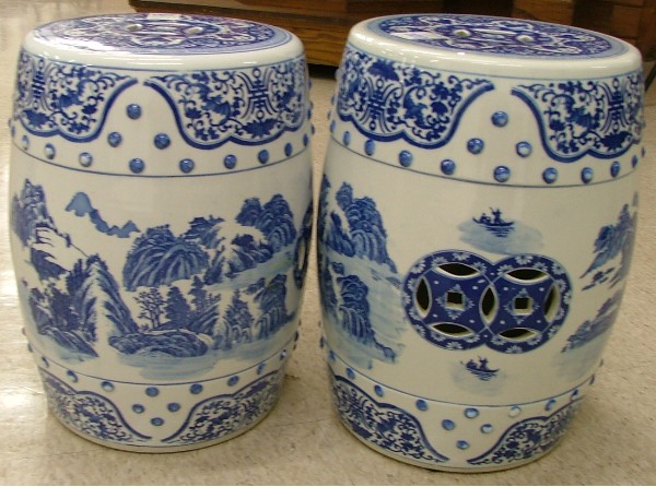 Appraisal: TWO CHINESE PORCELAIN GARDEN STOOLS each barrel-form stool with blue