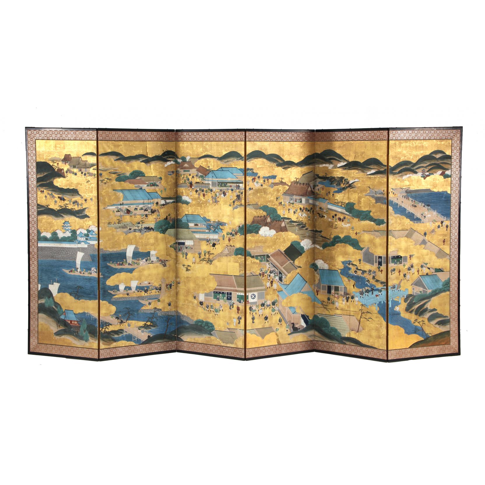 Appraisal: Japanese Six Panel Painted Floor Screen late Edo Meiji Period