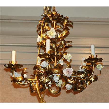 Appraisal: Rococo Style Gilt-Metal and Porcelain Floral Decorated Five-Light Chandelier Estimate