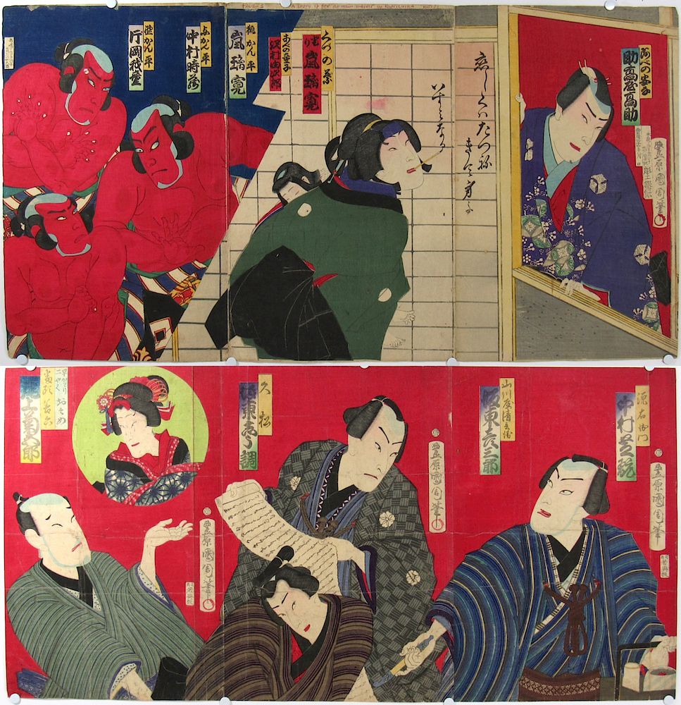 Appraisal: KUNICHIKA Toyohara Two Kabuki Triptychs Scene from the Play Ashiya