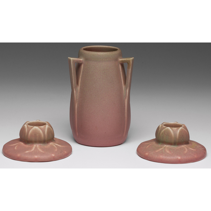 Appraisal: Rookwood candle holders pair lily pad design under a pink