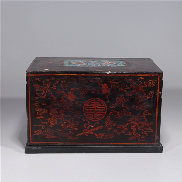 Appraisal: Chinese lacquered wood box with enameled cloisonn plaque to lid