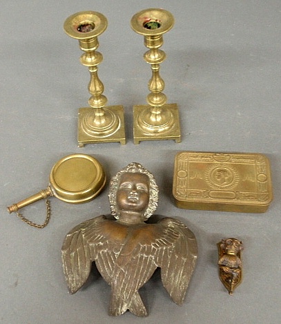 Appraisal: - Group of brassware TI pair of Russian candlesticks h