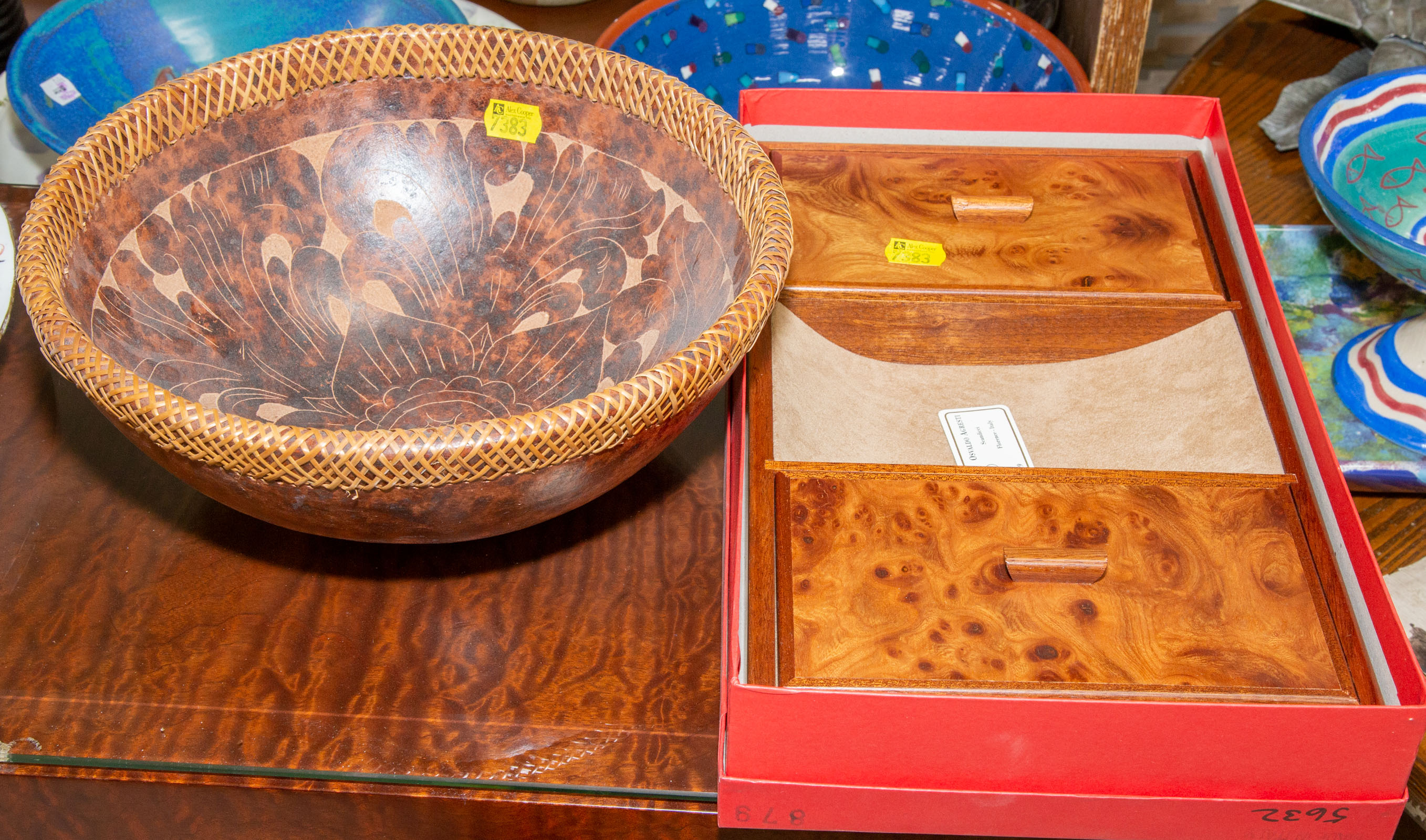 Appraisal: OSVALDO AGRESTI BURLWOOD JEWELRY TRAY Together with a painted earthenware