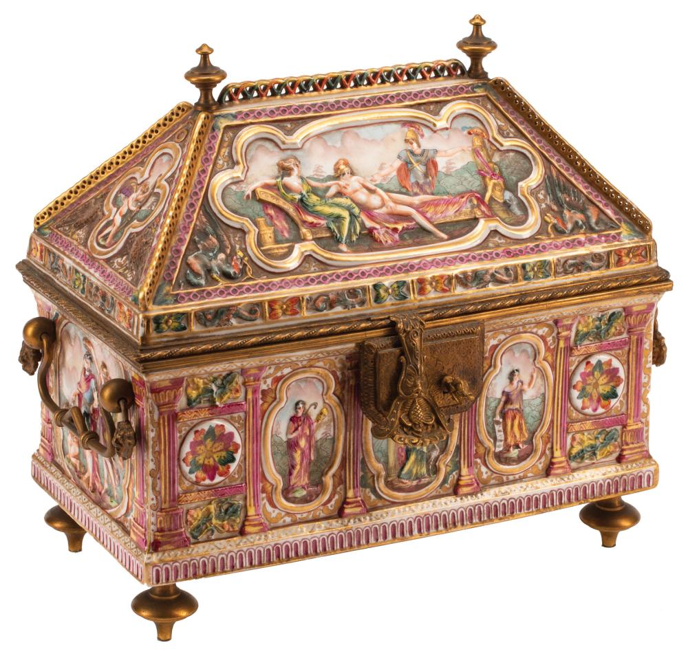 Appraisal: Bronze-Mounted Capodimonte Polychrome and Gilt Porcelain Coffer th c marked