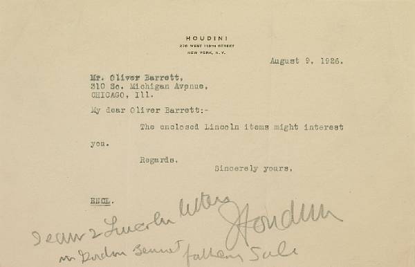 Appraisal: Americana Typed Letters Signed Houdini pp oblong vo New York