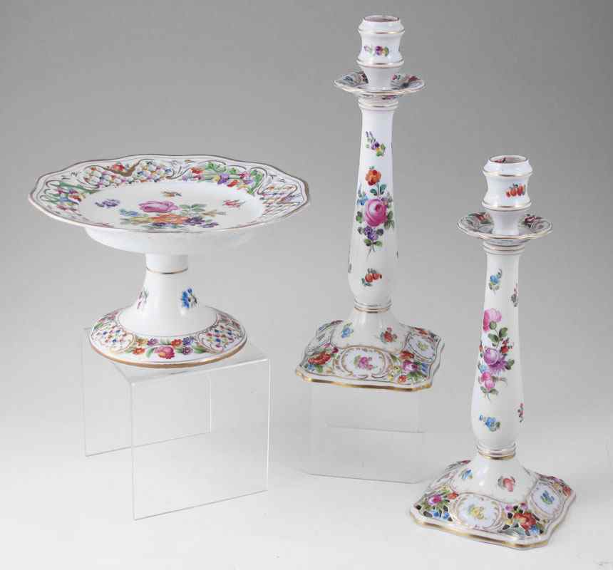 Appraisal: DRESDEN FINE PORCELAIN COMPOTE AND CANDLESTICKS Carl Thieme hand painted