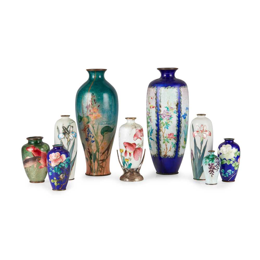 Appraisal: GROUP OF NINE CLOISONN ENAMEL VASES MEIJI TAISHO PERIOD comprising