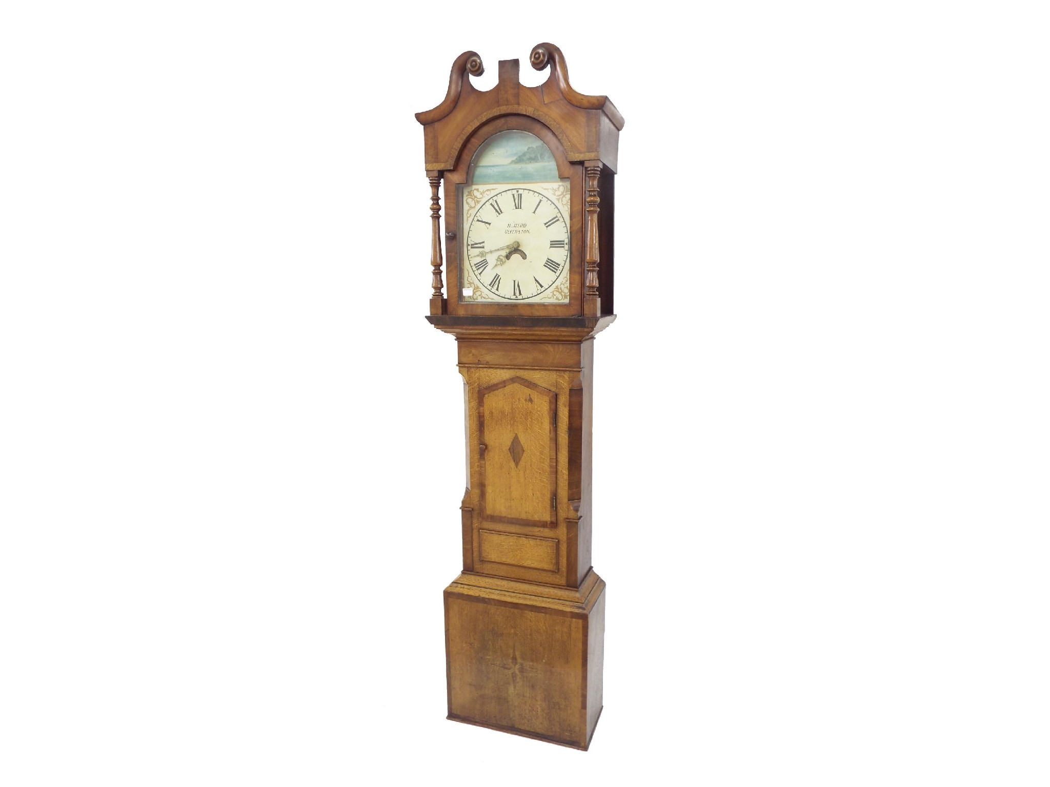 Appraisal: Oak and mahogany crossbanded thirty hour longcase clock the painted