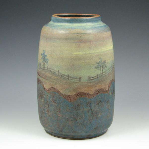 Appraisal: Peters Reed Scenic Landsun vase Unmarked Mint tall