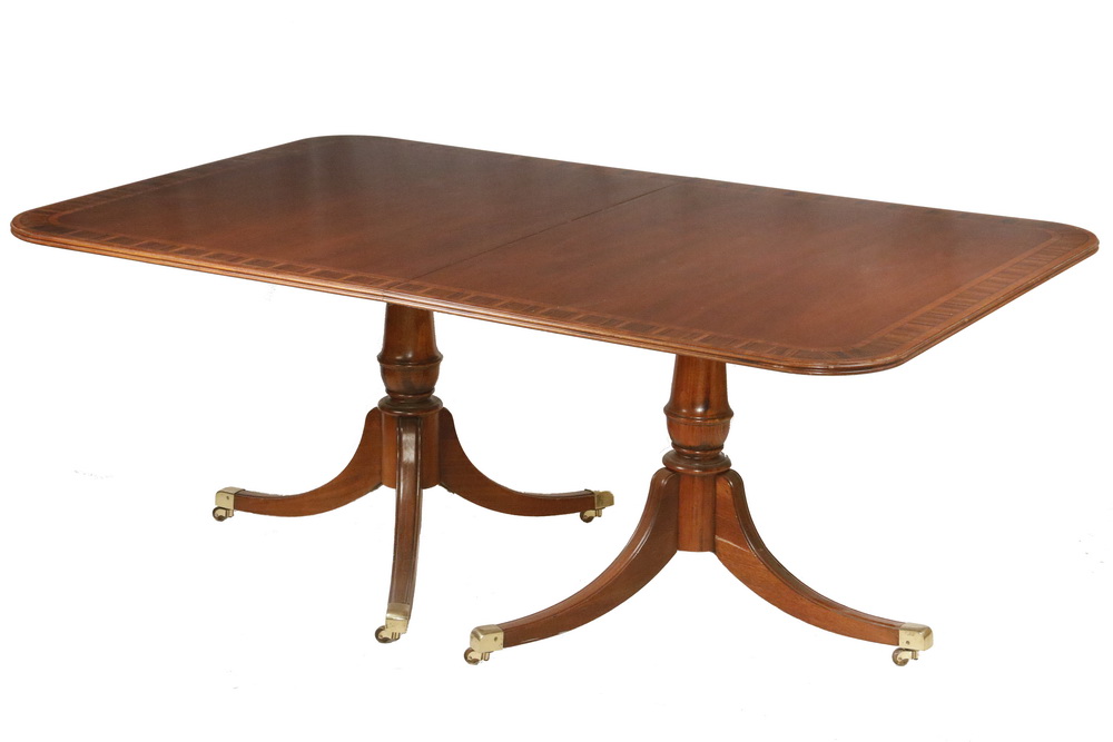 Appraisal: PEDESTAL BASE MAHOGANY DINING TABLE Finest Quality Two Pedestal Duncan