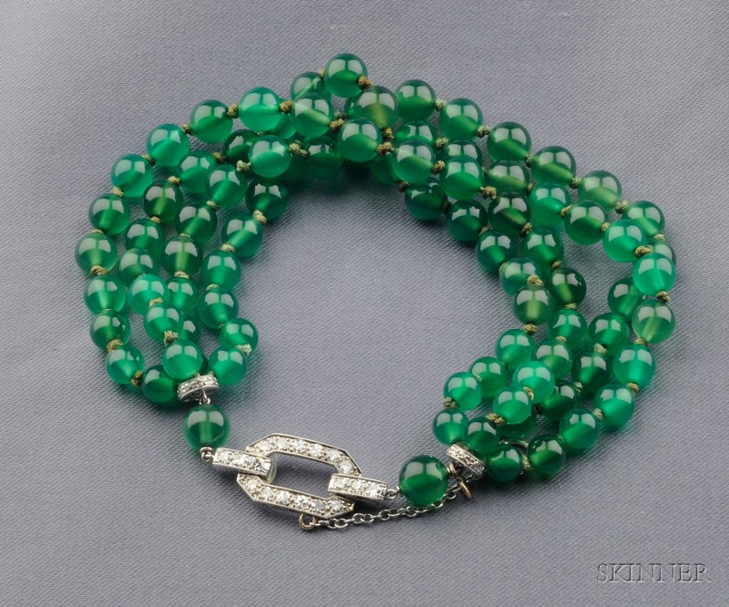 Appraisal: Platinum Diamond and Green Glass Bead Bracelet composed of four