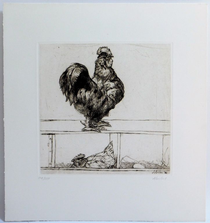 Appraisal: Sigmund Abeles Realist Engraving of Rooster Hen Sigmund Abeles New