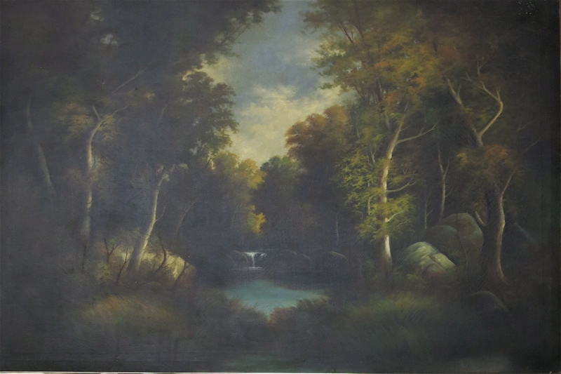 Appraisal: LARGE OIL ON CANVAS forest interior with river th century