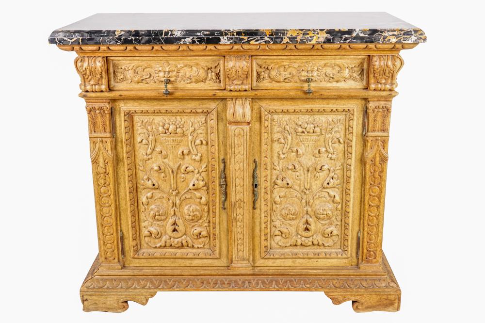 Appraisal: CARVED BLEACHED OAK CABINETsecond half th century with black marble