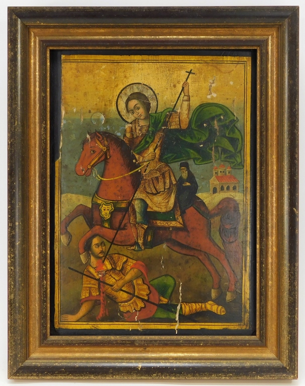 Appraisal: C RUSSIAN JOAN OF ARC HORSEBACK ICON PAINTING Russia th