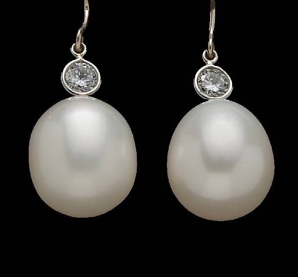 Appraisal: A pair of South Sea cultured pearl and diamond earrings