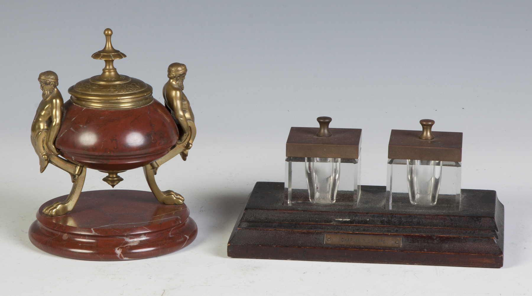 Appraisal: French Marble Inkwell th cent With bronze figures