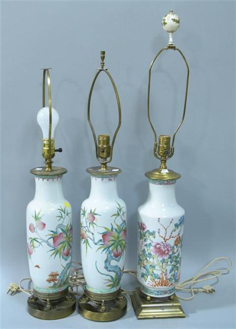 Appraisal: PAIR OF CHINESE FAMILLE ROSE LAMPS Of baluster form the