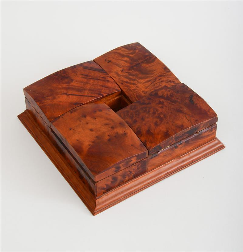 Appraisal: BURLWOOD DRESSER BOX Incorporating four hinged lids centering an open