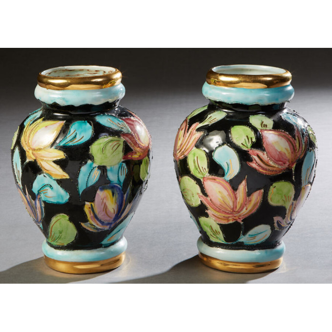 Appraisal: Pair of French Hand Painted Ceramic Baluster Vases th c