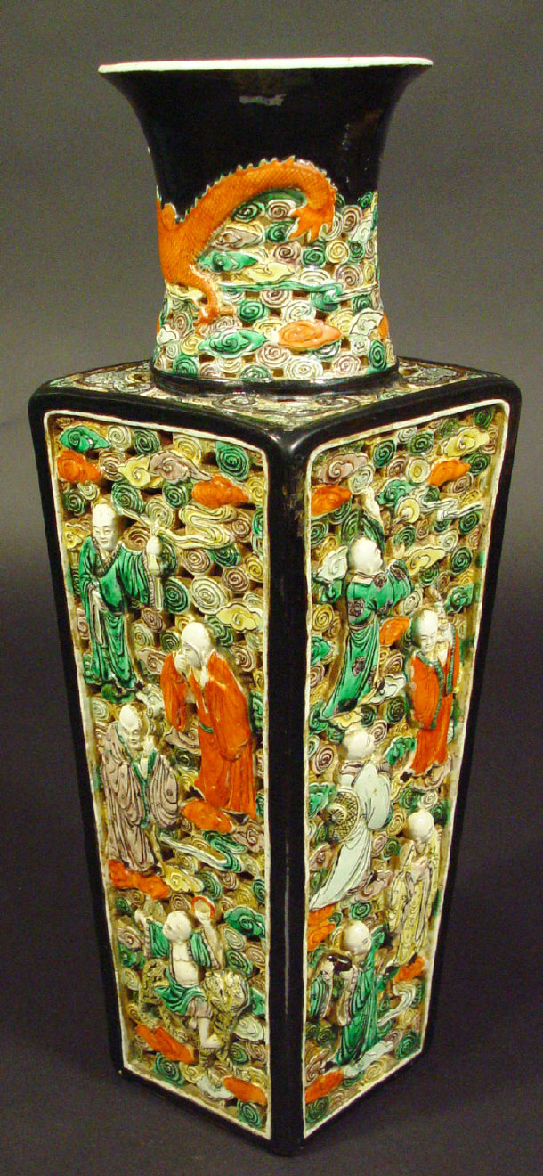 Appraisal: Chinese famille noire style reticulated vase of square tapering form