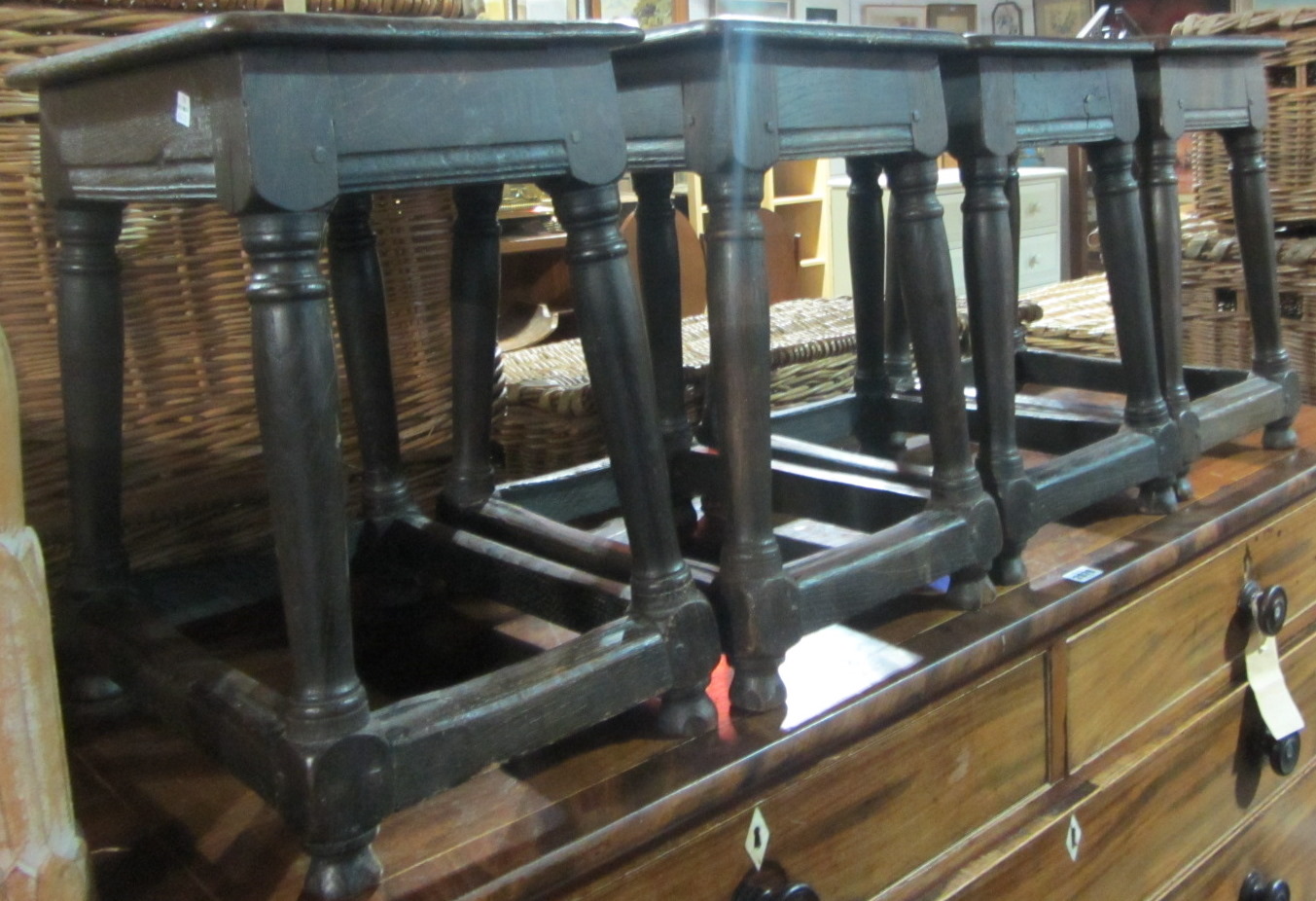 Appraisal: A group of four th century style oak joint stools