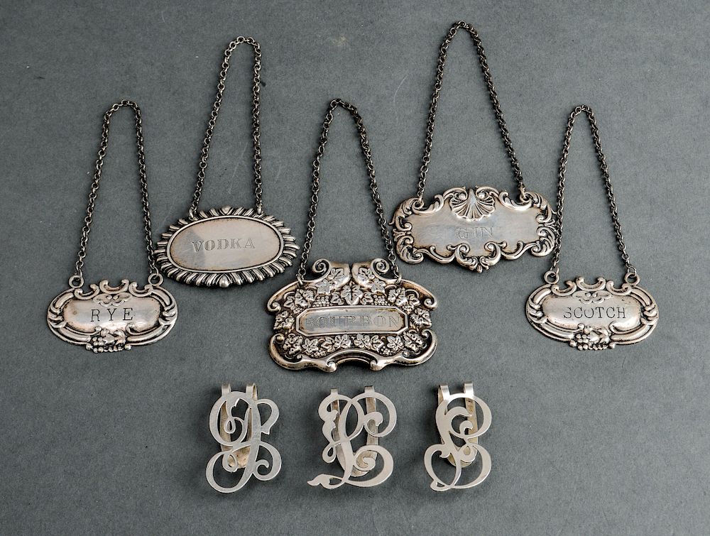 Appraisal: Sterling Silver Liquor Tags Bookmarks Group Group of eight sterling